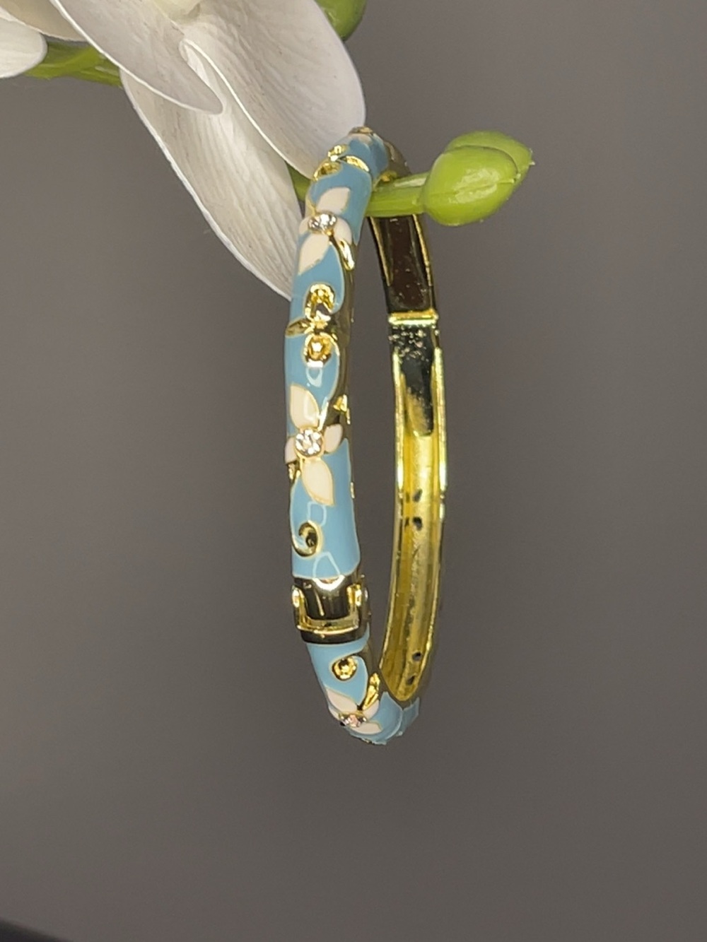 Gold-Tone Blue Floral Enamel Hoop Earrings